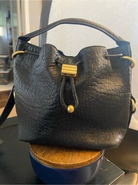 Vince Camuto Black Leather Drawstring Bucket Bag with Gold Accent